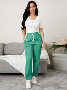 Button Front Top & Tie Waist Pants Lounge Set - Multicolor - View 1