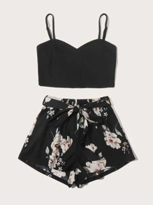 SHEIN VCAY Bộ thời trang Plus Size Thắt lưng Quần paper-bag Hoa Boho - màu đen - Xem 3