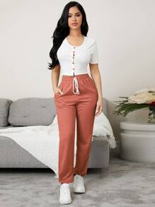 Button Front Top & Tie Waist Trousers Lounge Set - Multicolor - View 1