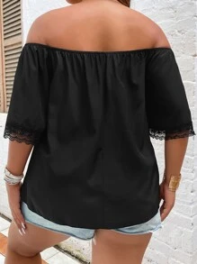 Plus Off The Shoulder Contrast Lace Blouse - Black - View 2