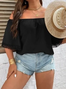 Plus Off The Shoulder Contrast Lace Blouse - Black - View 6