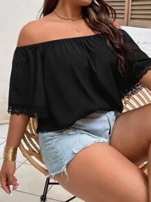 Plus Off The Shoulder Contrast Lace Blouse - Black - View 7