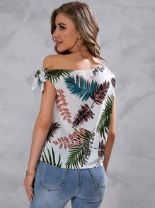 SHEIN VCAY Tropical Print Knot Detail Asymmetrical Neck Blouse - White - View 2