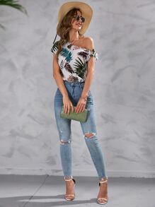 SHEIN VCAY Tropical Print Knot Detail Asymmetrical Neck Blouse - White - View 6