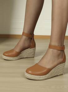 Espadrille Ankle Strap Wedge Shoes - Brown - View 5