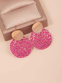 Hollow Out Round Drop Earrings - Hot Pink - View 3