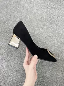 Fall/Winter Rhinestone Detail Chunky Heeled Court Pumps, Elegant - Black - View 6