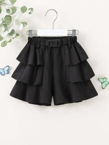 SHEIN Niñas Shorts con hebilla delantero a capas ribete con fruncido - Negro - Ver 1