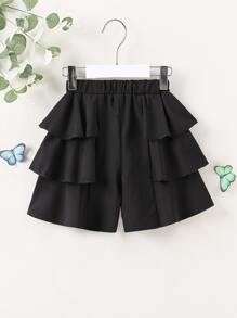SHEIN Niñas Shorts con hebilla delantero a capas ribete con fruncido - Negro - Ver 2