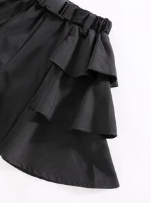 SHEIN Niñas Shorts con hebilla delantero a capas ribete con fruncido - Negro - Ver 4