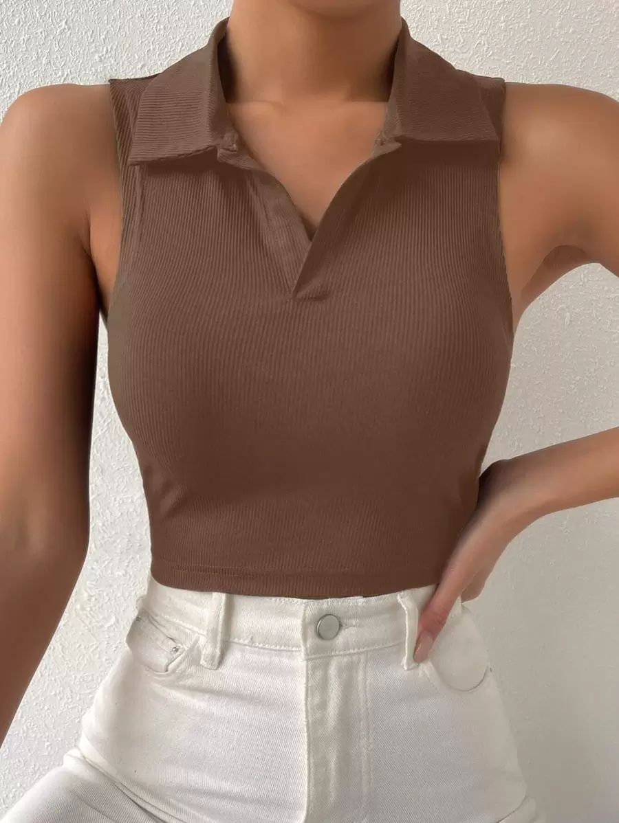 Chiquease Solid Ribbed Knit Tank Top - Khaki - View 1