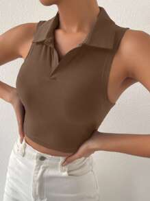 Chiquease Solid Ribbed Knit Tank Top - Khaki - View 4