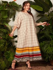 Al Najma 大碼網格線條紋燈籠袖娃娃裙 - 彩色 - 查看 1