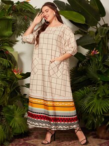 Al Najma 大碼網格線條紋燈籠袖娃娃裙 - 彩色 - 查看 3