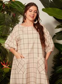 Al Najma 大碼網格線條紋燈籠袖娃娃裙 - 彩色 - 查看 4