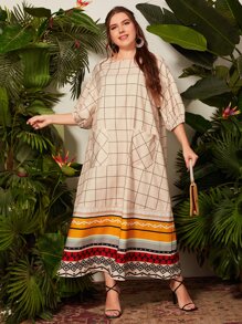 Al Najma 大碼網格線條紋燈籠袖娃娃裙 - 彩色 - 查看 5