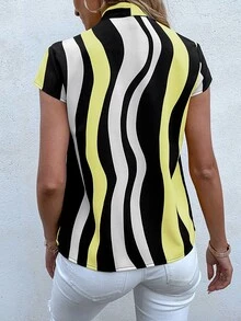 SHEIN LUNE Block Striped Tie Neck Blouse - Multicolor - View 2