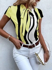 SHEIN LUNE Block Striped Tie Neck Blouse - Multicolor - View 3