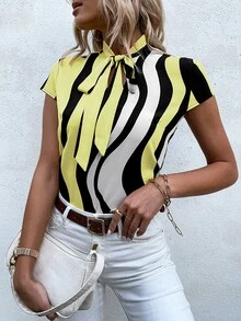 SHEIN LUNE Block Striped Tie Neck Blouse - Multicolor - View 5