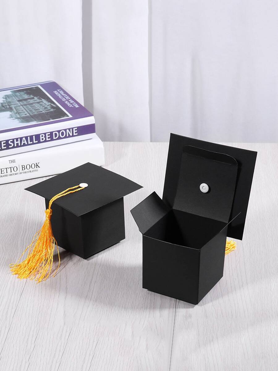 5pcs Graduation Hat Pattern Candy Box With Tassel - Black - View 1