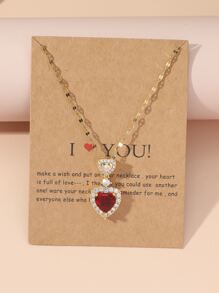 1入組水鑽愛心掛飾項鍊銅方晶鋯石心形墜飾女士們項鍊銅首飾類 - 紅色 - 查看 2