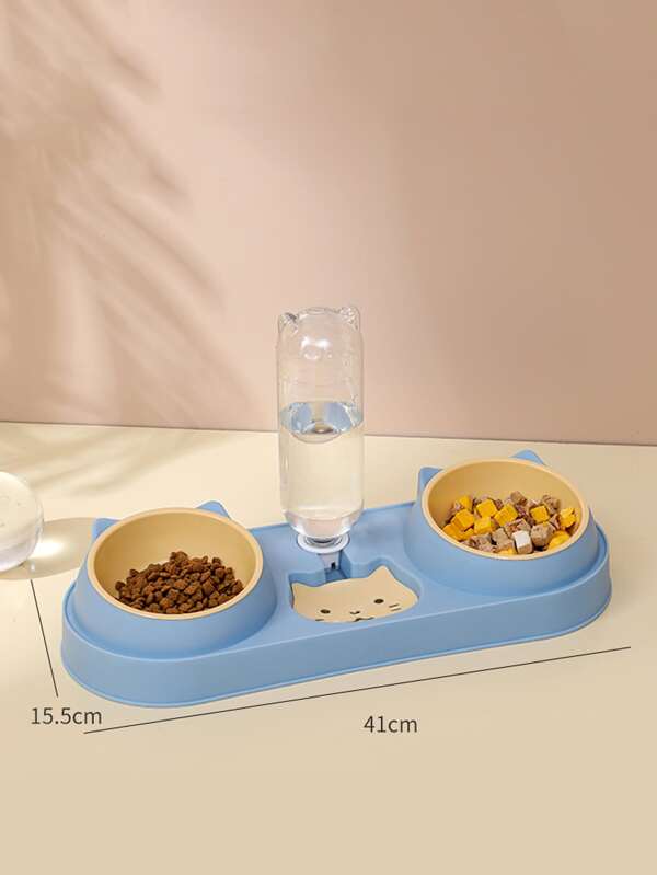 1pc Cat Shaped Pet Double Bowl With Water bottle For Cat And Dog For