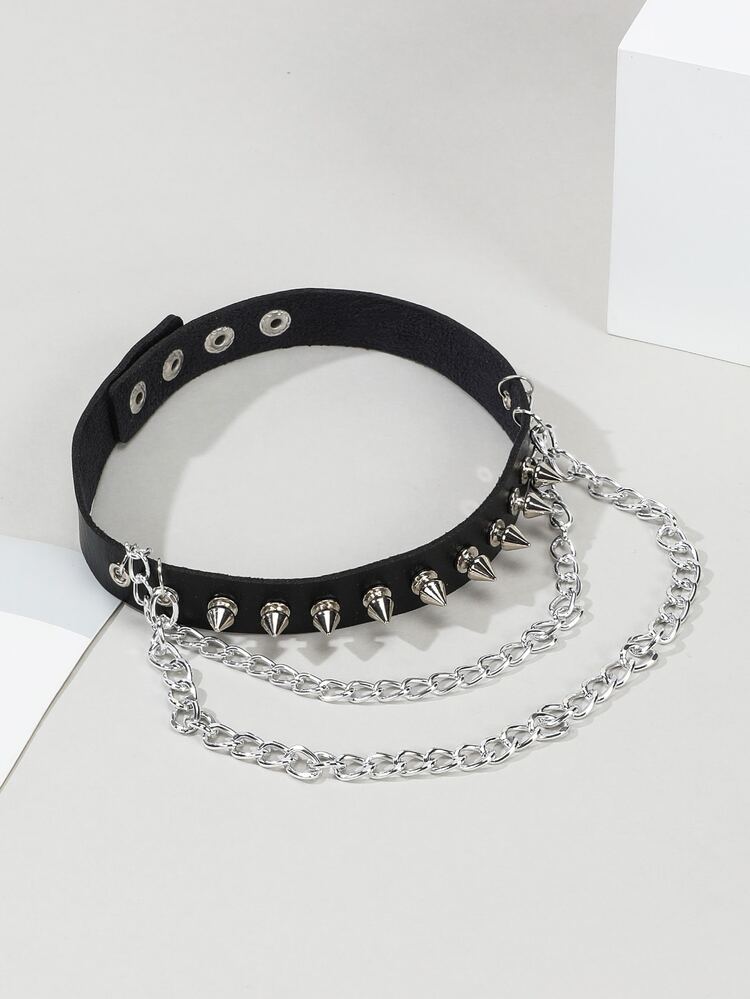 男士鉚釘裝飾頸鏈 - 黑色 - 查看 4