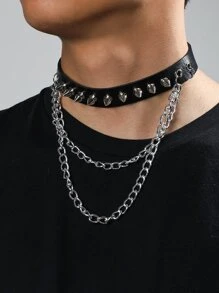 男士鉚釘裝飾頸鏈 - 黑色 - 查看 7