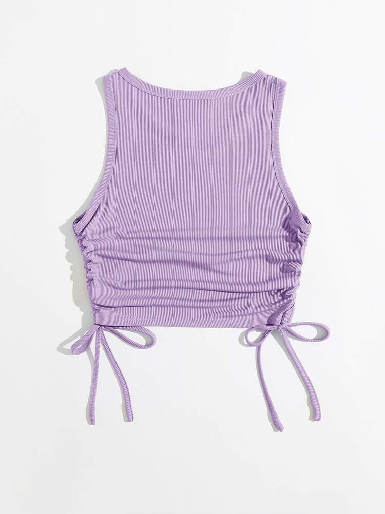 Solid Drawstring Side Tank Top - Lilac Purple - View 2