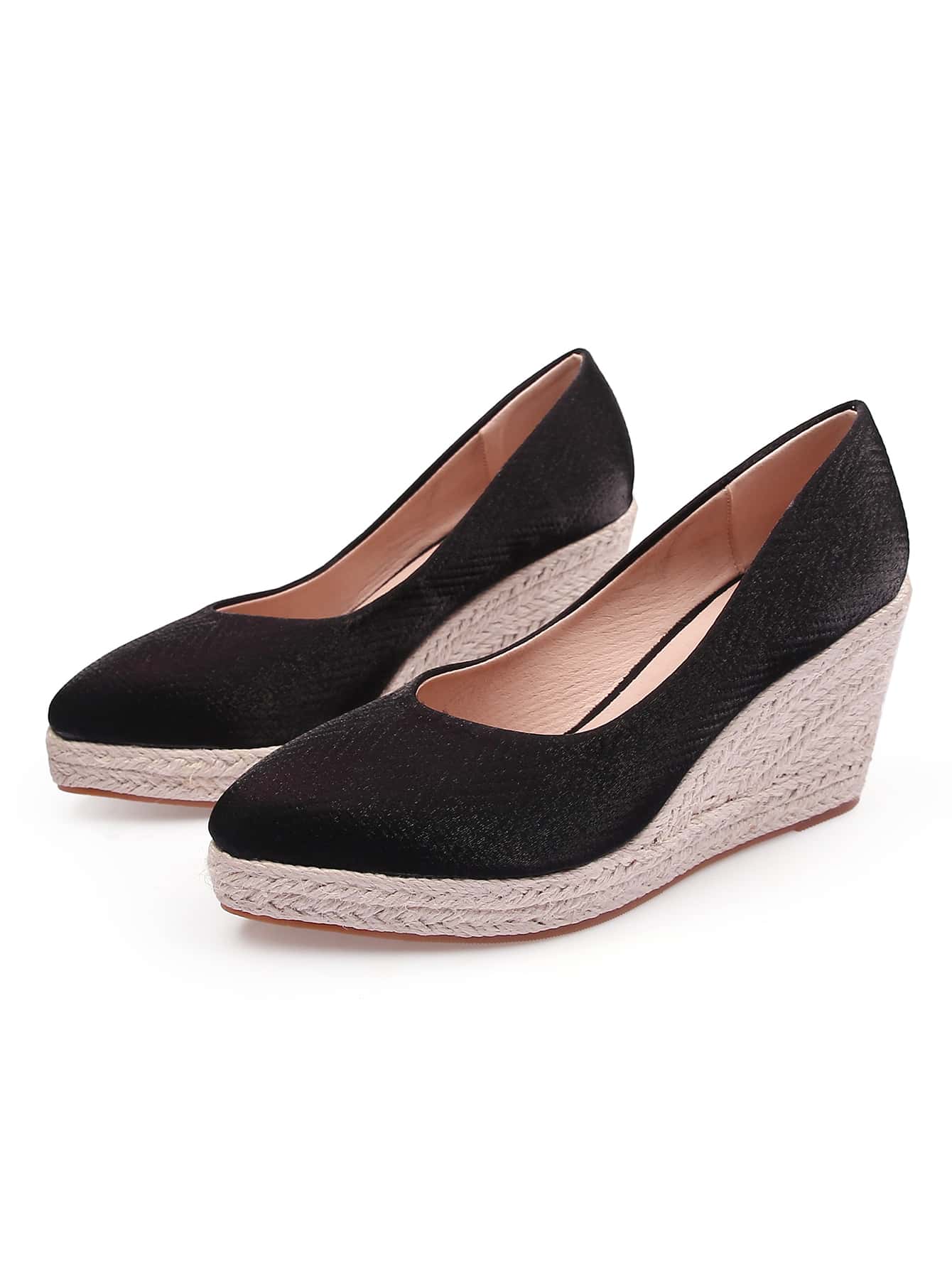 Point Toe Espadrille Wedge Shoes - Black - View 1