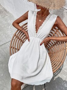 Swiss Dot Guipure Lace Trim Tie Back Dress - White - View 1
