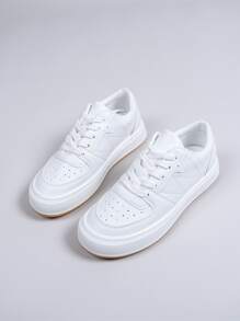 穿孔細節前綁帶板鞋,白色學院風素色女士休閒運動鞋 - 白色 - 查看 4