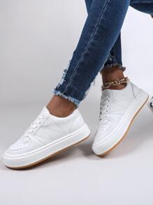 穿孔細節前綁帶板鞋,白色學院風素色女士休閒運動鞋 - 白色 - 查看 6