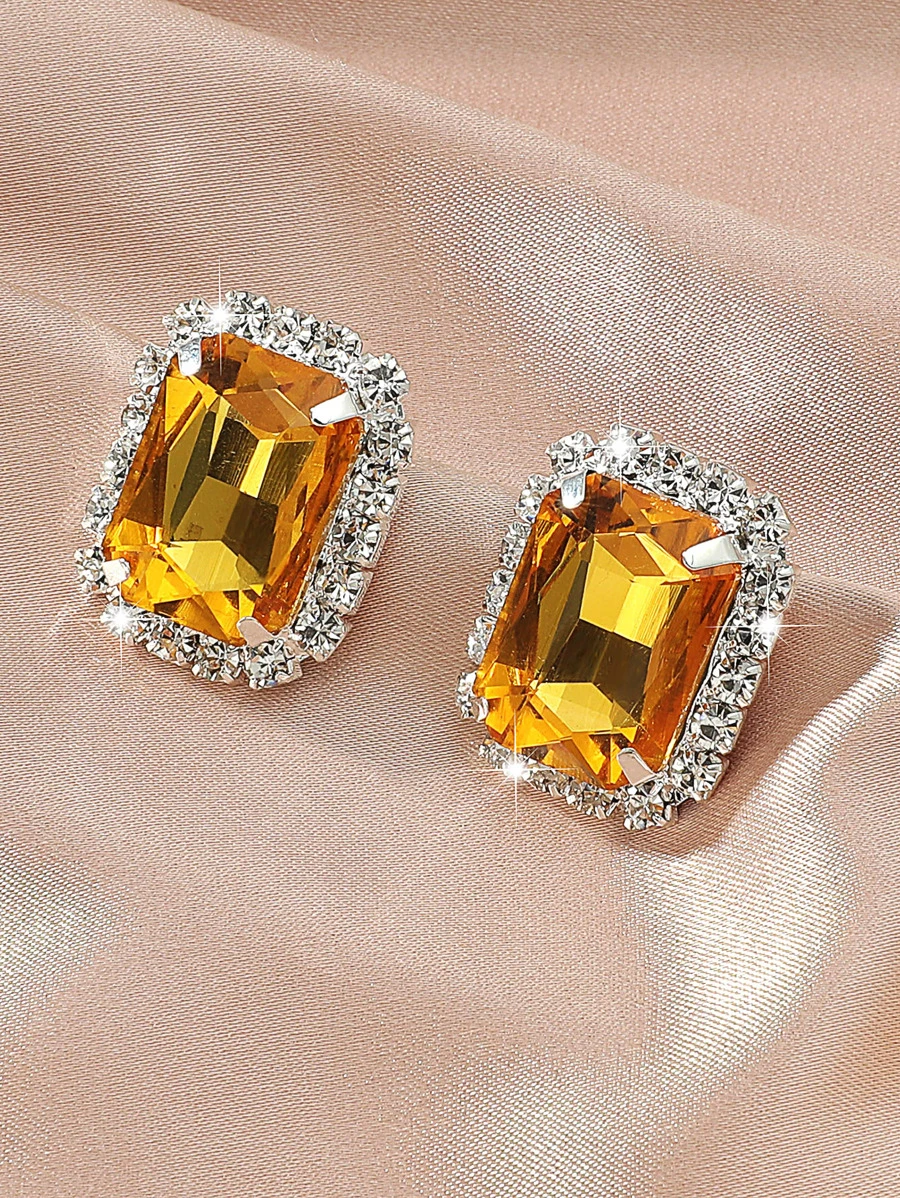 Rhinestone Decor Geometric Stud Earrings - Mustard Yellow - View 1
