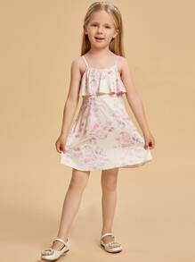 Toddler Girls Floral Ruffle Trim Cami Dress - Apricot - View 1