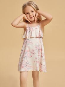 Toddler Girls Floral Ruffle Trim Cami Dress - Apricot - View 4