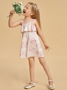 Toddler Girls Floral Ruffle Trim Cami Dress - Apricot - View 5