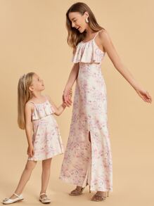 Toddler Girls Floral Ruffle Trim Cami Dress - Apricot - View 6