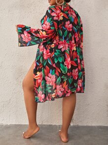 SHEIN Swim Curve Plus Size 3packs Floral Print Halter Triangle Bikini Set & Kimono Summer Beach - Multicolor - View 4