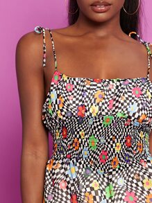 SHEIN VCAY Đầm Thắt nút Dải chun In chữ V Hoa Giải trí - Nhiều màu - Xem 4