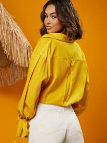 Travachic Bell Cuff Button Through Drawstring Waist Shirt - Yellow - View 2