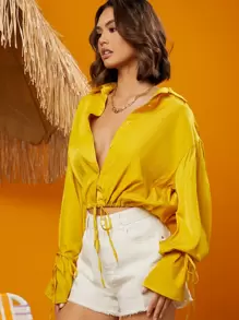 Travachic Bell Cuff Button Through Drawstring Waist Shirt - Yellow - View 3