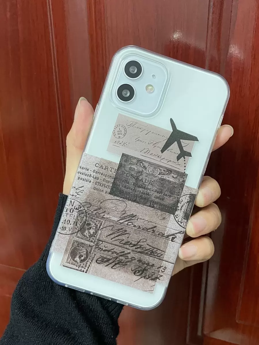 Plane & Letter Graphic Phone Case - Black - View 1