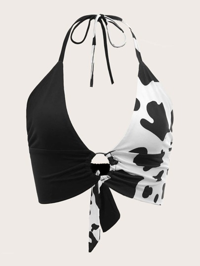Top halter corto con estampado de vaca con aro O fruncido de espalda abierta con cordón