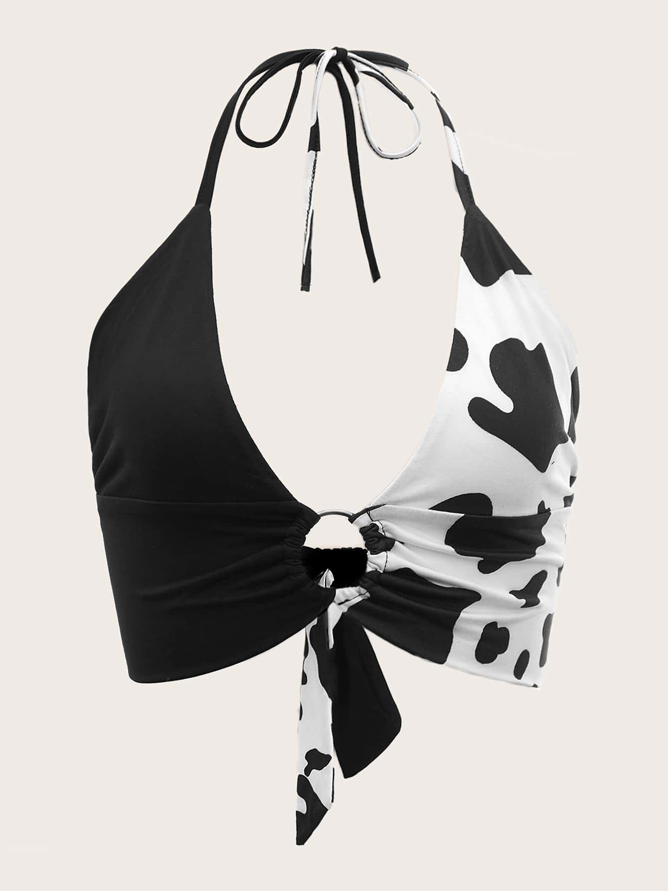 Top halter corto con estampado de vaca con aro O fruncido de espalda abierta con cordón