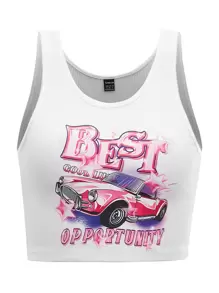 SHEIN ICON Bikercore Crop Tank Top 90s In chữ và ô tô - trắng - Xem 1