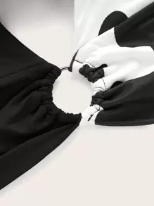 奶牛圖案金屬圓環褶邊後背繫帶繞頸短上衣