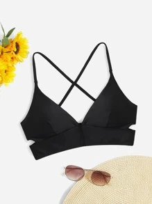 Swim Basics Summer Beach Criss Cross Back Bikini Top - Black - View 3