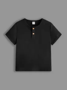 SHEIN Young Boy Buttoned Faux Placket Round Neck Short Sleeve T-Shirt, Casual Everyday Wear For Summer