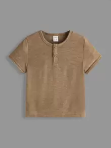 SHEIN Young Boy Buttoned Faux Placket Round Neck Short Sleeve T-Shirt, Casual Everyday Wear For Summer